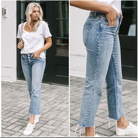 Blank NYC Varick Kick Flare Jeans Rainbow Embroidered Button Fly Raw Hem 27 - Picture 10 of 12